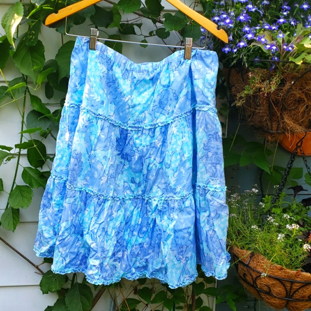 Lilly Pulitzer Tiered Ruffle Skirt Blue Safari Circus Lions Elephant Giraffe  M